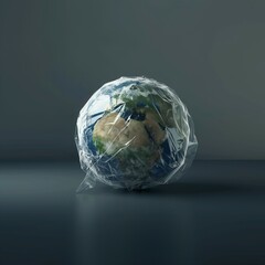Planet Earth wrapped in plastic. Minimal environmental protection concept.