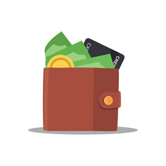 Brown leather wallet with credit card, dollar banknotes and golden coins. Online payment concept. Money vector icon - 754300751