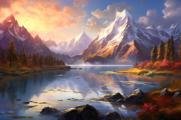 A breathtaking sunrise over a pristine alpine lake, with majestic snow-capped peaks reflecting in...