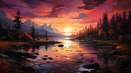 A breathtaking sunset over a tranquil lake, painting the sky with hues of orange, pink, and purple,...