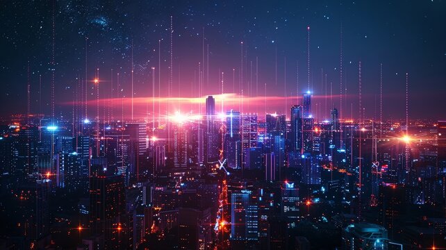 Futuristic cityscape with vibrant light streaks and digital skyscrapers © rorozoa