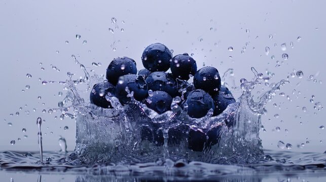  a bunch of blueberries are in the water with a splash of water on the bottom of the picture and on the bottom of the bottom of the picture.