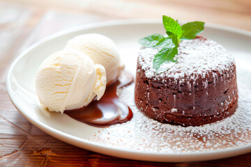A freshly baked chocolate lava cake with a molten center. Chocolate cake or fondant powdered sugar on top