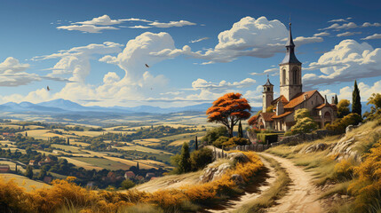 A bucolic village surrounded by golden fields of wheat, the warm sunlight casting long shadows, and a church steeple rising against a clear blue sky.