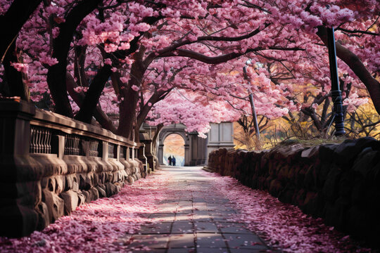 A beautiful route winding through a vibrant cherry blossom forest in full bloom, creating a dreamlike and enchanting scene.