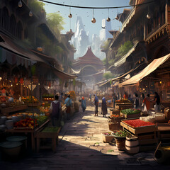 A bustling city market with diverse vendors. - obrazy, fototapety, plakaty