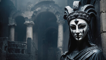 Underground In an abandoned temple catacomb halls is a shadowy secret society cultist of medusa wearing Venetian like mask, priestess with dark black eyes awaits silently in the dimly lit ruins. 