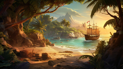 Pirates Plunder Treasure Hunt on Tropical Island .. - obrazy, fototapety, plakaty