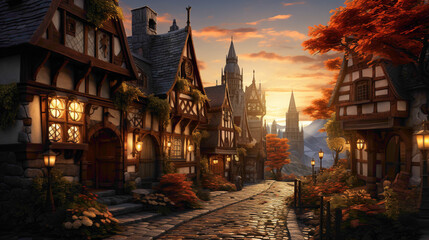 A charming village at sunset, with warm light illuminating traditional houses and winding streets.