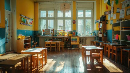 classroom of a daycare center without children and teacher - obrazy, fototapety, plakaty