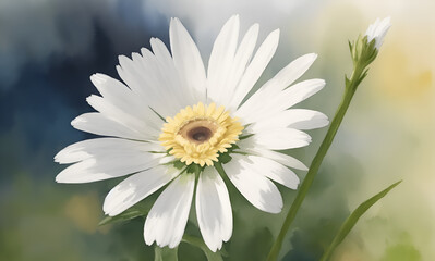 Delicate daisy in bloom on summer branches in garden. Bouquet of flower watercolor painting. Beautiful flower. Lovely flower. flower in tropical garden. daisy flower bouquet. Banner.