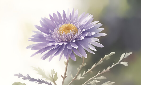 Delicate purple aster in bloom on summer branches in garden. Bouquet of flower watercolor painting. Beautiful flower. Lovely flower. flower in tropical garden. purple aster flower bouquet. Banner.