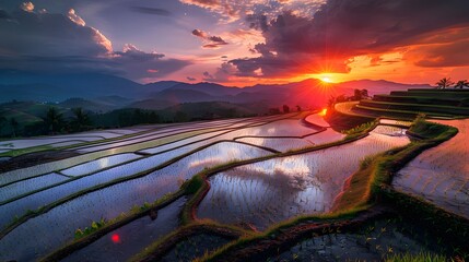 Thailand. Rice terraces agricultural sceneries. Rice fields with asian farmers. Vector illustration. People planting and grow rice in rainy season.