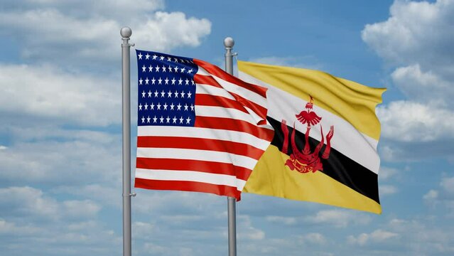 United States and Brunei two flags waving together, looped video