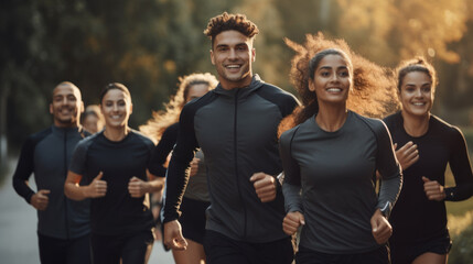 A group of happy athletic young people, Students in sports clothes, jogging together outdoors. Training, Running, Sports, Summer, Fitness, Motivation, Physical Education, Healthy Active Lifestyle. - obrazy, fototapety, plakaty