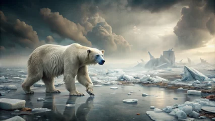 Keuken spatwand met foto Polar bear threatened by climate change, global warming and ice melting, walking on a polluted land in a toxic atmosphere - Generative AI © Алишер