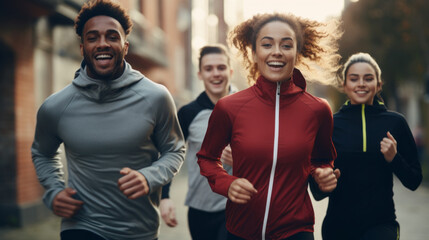 A group of happy athletic young people, Students in sports clothes, jogging together outdoors. Training, Running, Sports, Summer, Fitness, Motivation, Physical Education, Healthy Active concepts. - obrazy, fototapety, plakaty