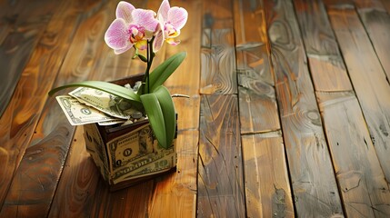 Orchid Blooming on Wooden Floor with International Currencies - obrazy, fototapety, plakaty