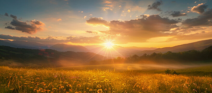 A field of yellow grass with a bright sun in the sky