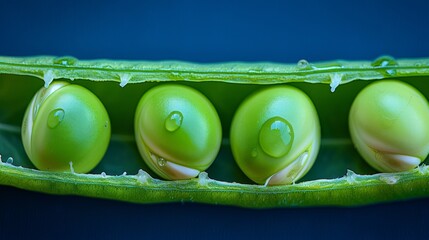  a close up of a green pea pod with three pea pods in the middle of the pod and three pea pods in the middle of the pod. - obrazy, fototapety, plakaty