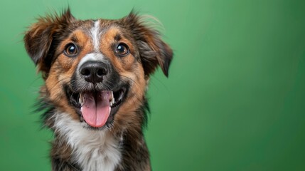 portrait of brown white and black medium mixed breed dog smiling against a green background - obrazy, fototapety, plakaty