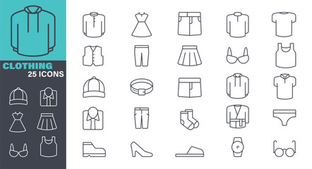 Clothing line vector Icon set. Pixel perfect. Editable stroke. The set contains icons:  cap, coat, jacket stock illustration. Icon Symbol, Fashion, Shirt, jacket, Watch, Glasses