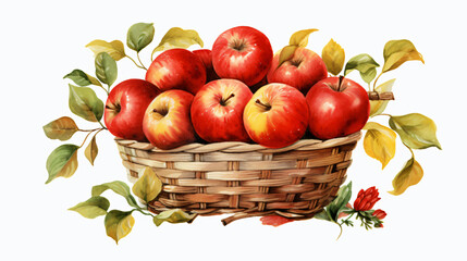 Naklejka na ściany i meble Red apples in a watercolor basket garden harvest