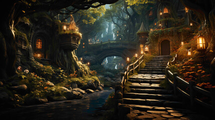 Obraz premium A dense and enchanting forest with sunlight filtering through the leaves, creating a magical atmosphere.