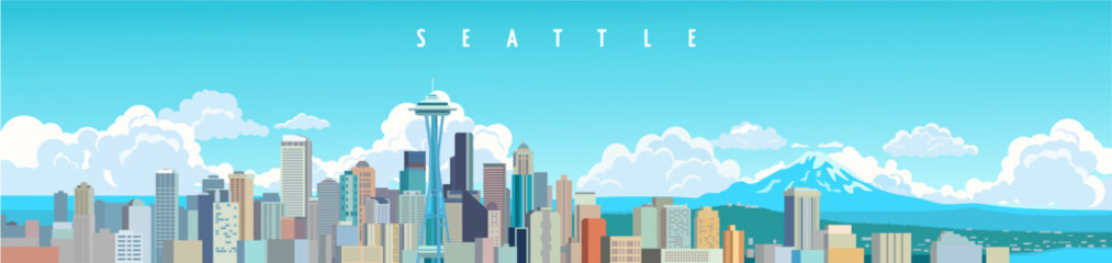 Seattle city skyline daylight cloudy panoramic horizontal banner design	 - obrazy, fototapety, plakaty