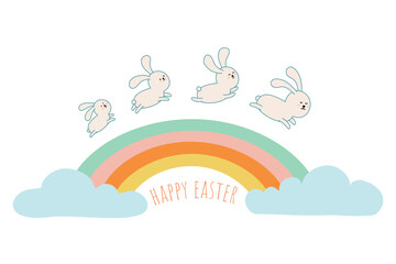 Cute Easter bunny jumping over the rainbow and clouds in the sky. Hand drawn Vector Illustration.