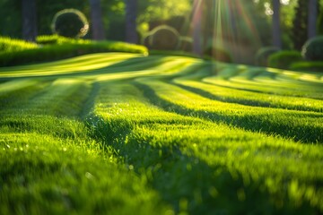 Mowed grass in a large park. - obrazy, fototapety, plakaty
