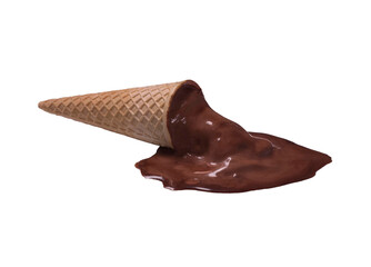 Melted chocolate ice cream cone isolated on transparent layered background. - 754305341