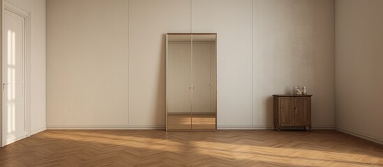 A room with a wardrobe, parquet flooring, and a mirror hanging on the wall. The space is devoid of any occupants, creating a sense of emptiness and stillness.