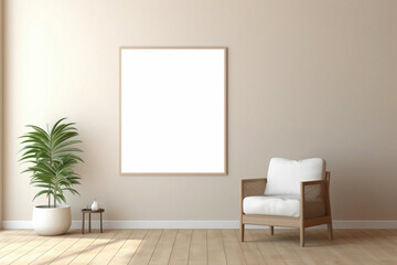 Fototapeta na wymiar A clean, white frame against beige and Scandinavian tones on a wall, with a glimpse of a modern living room - plain walls, wooden floor, and a hint of a potted plant.