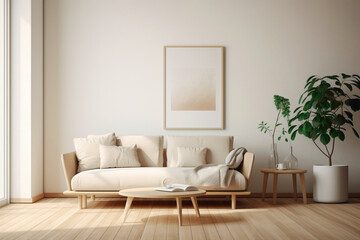 Behold the elegance of a clean, white frame against a backdrop of beige and Scandinavian aesthetics on a wall, offering a view into a contemporary living room adorned with plain walls, wooden flooring