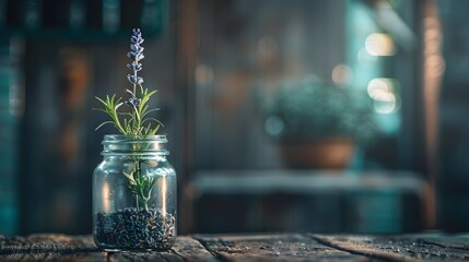 Lavender Plant in Glass Jar on Wooden Table with Blurred Rustic Background, To convey a sense of...