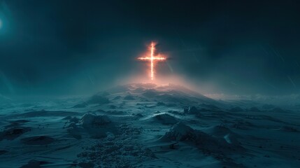 Glowing Cross in Snowy Landscape