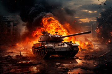 War tank in the middle of the battlefield, fire and explosions behind the tank. Generative AI - obrazy, fototapety, plakaty