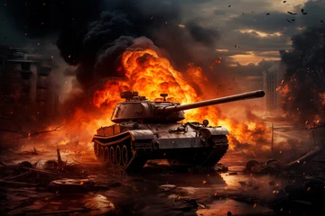 Foto op Aluminium War tank in the middle of the battlefield, fire and explosions behind the tank. Generative AI © Lucas