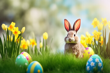 Cute easter bunny in the grass between easter eggs