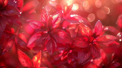  a close up of a bunch of red flowers with drops of water on them and a blurry background of red leaves.