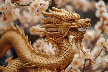 Obraz premium gold colored dragon on the plum blossom background