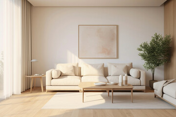 A clean, white frame against beige and Scandinavian tones, with a glimpse of a modern living room - plain walls, wooden floor, and a potted plant.