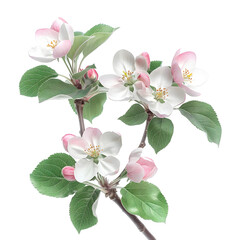 Obraz premium White background, pink and white apple blossoms on a branch with green leaves