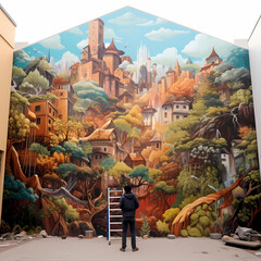 A person painting a mural on a city wall.