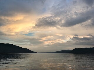 sunset over the lake in Adirondack mountains