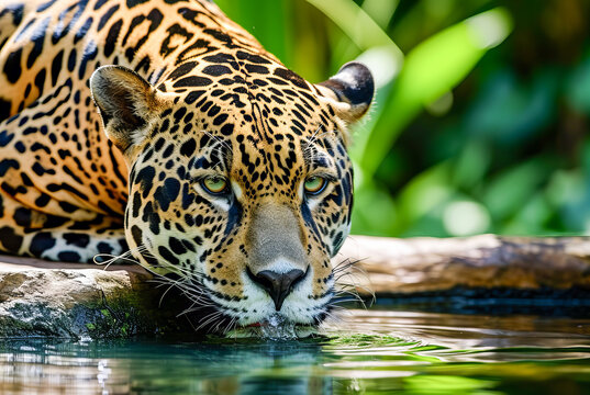 Portrait of Jaguar Panthera Onca drinking water in the forest