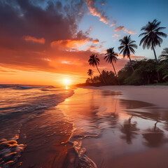 Fototapeta na wymiar A serene beach sunset with palm trees.