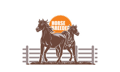 HORSE BREEDER LOGO, silhouette of great strong horse at farm vector illustrations