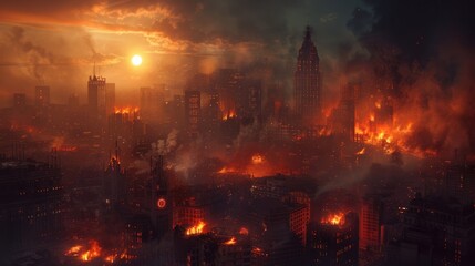 Apocalypse concept. Red skies and burning cities, covered by fires, smoke and flying debris. Disaster, nuclear war or asteroid impact landscape. Cinematic, filmic scene. Town in flame background.